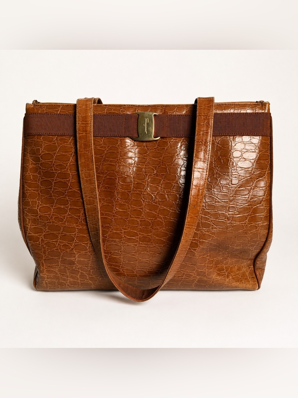 Vintage Salvatore Ferragamo Croc Embossed Leather Tote Brown BK-21 2530